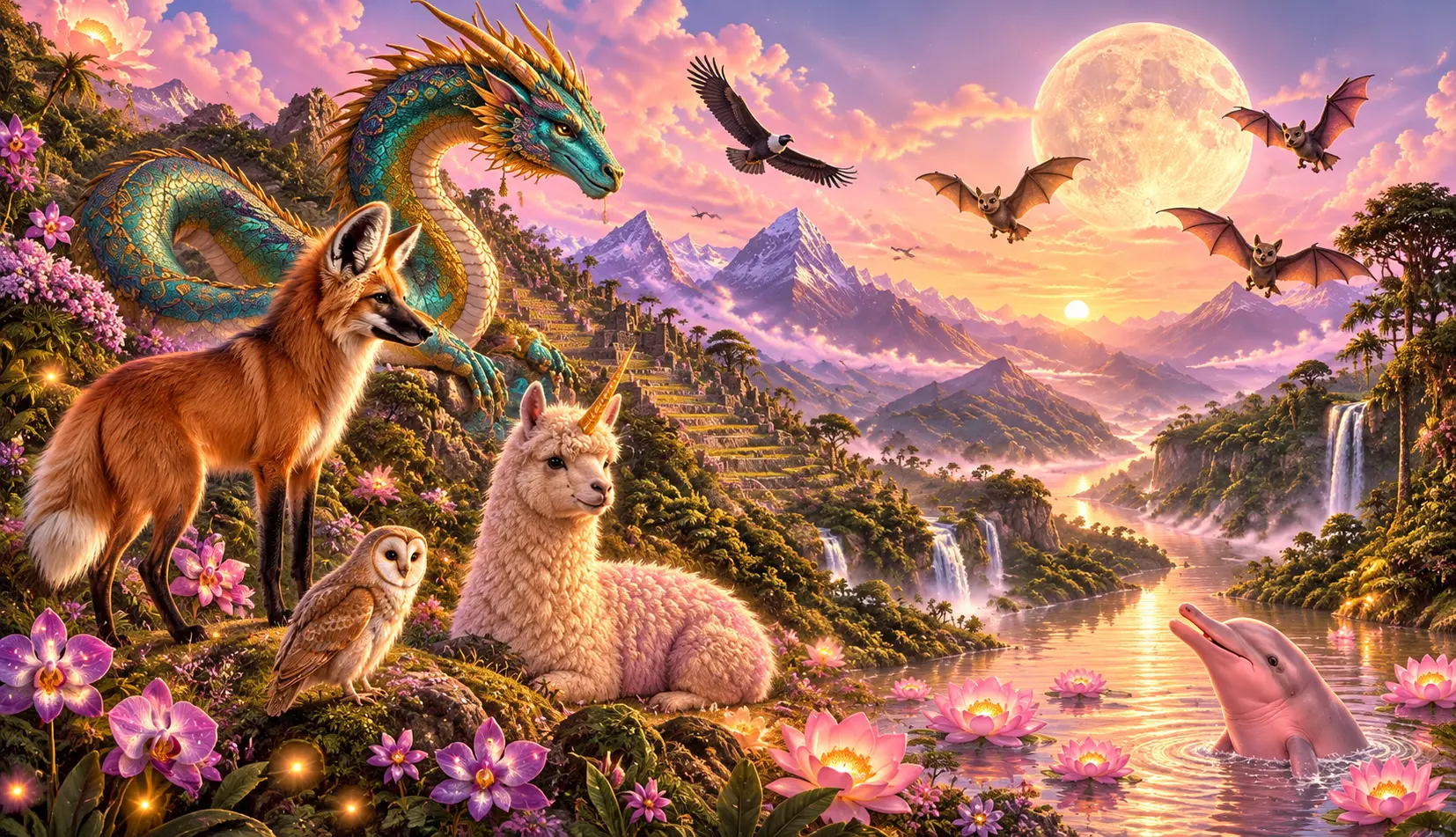 Pastel sunset over the Andes and Amazon river: a one-headed turquoise dragon, a one-horned alpaca, a maned wolf, a barn owl, a condor, bats beneath the moon and a pink river dolphin.