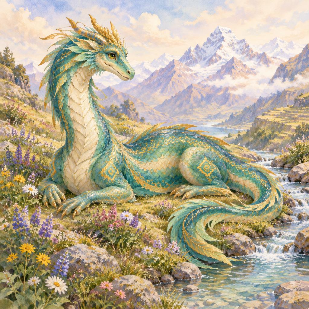 One-headed turquoise and gold Amaru dragon beside an Andean mountain stream