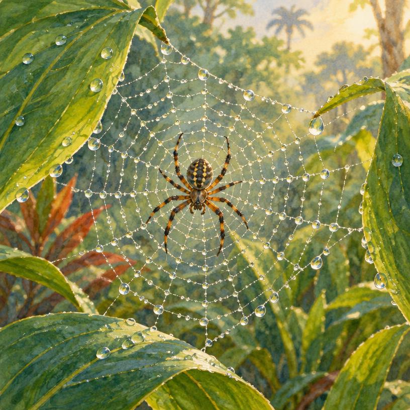 Natural spider on a dew-covered web among forest leaves