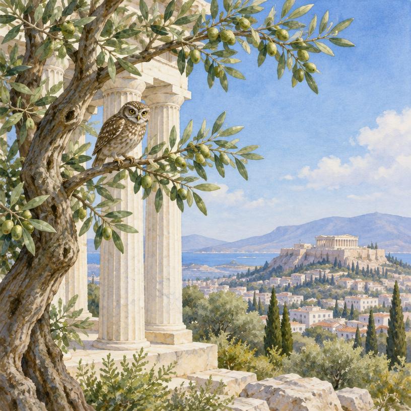 Owl in olive tree beside classical Greek columns