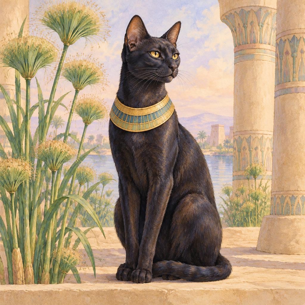 Respectful contemporary depiction of Bastet as a dignified black cat with an Egyptian-inspired gold collar