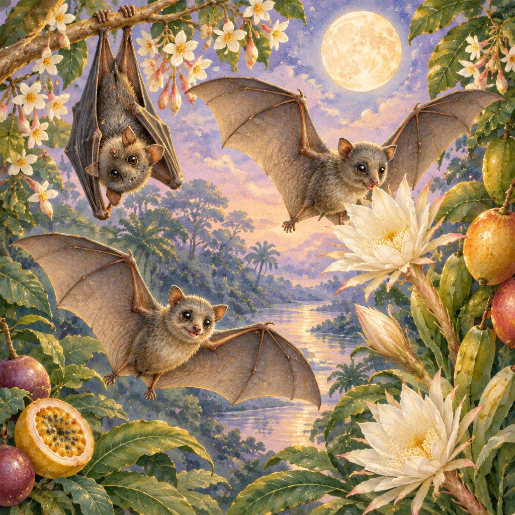 Three tiny friendly fruit and nectar bats among Amazonian flowers under the moon