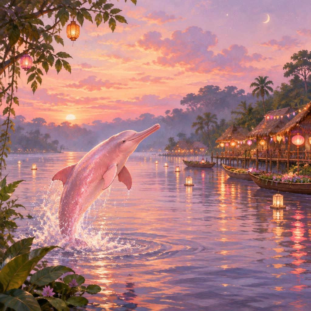 Pink river dolphin leaping at dusk near a lantern-lit riverside village festival