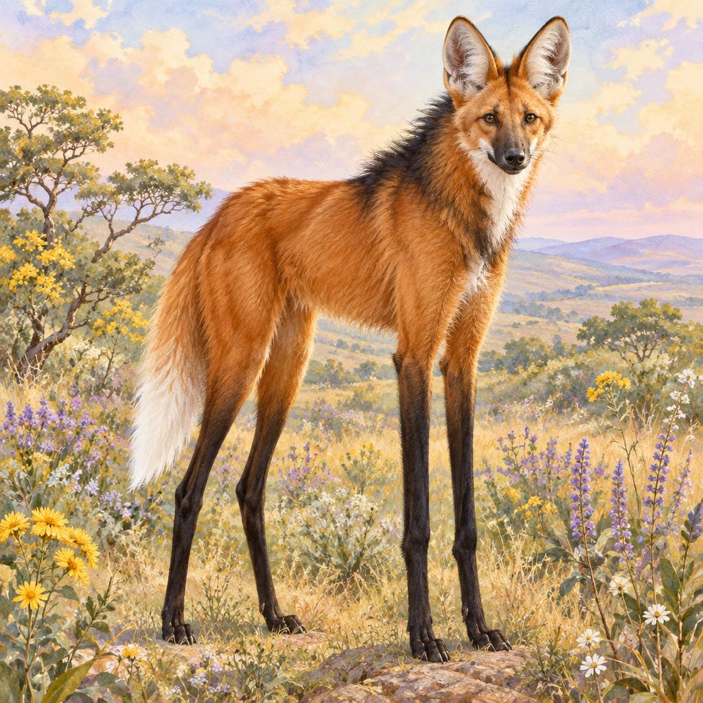 Red-coated South American maned wolf with very long black legs and a dark mane
