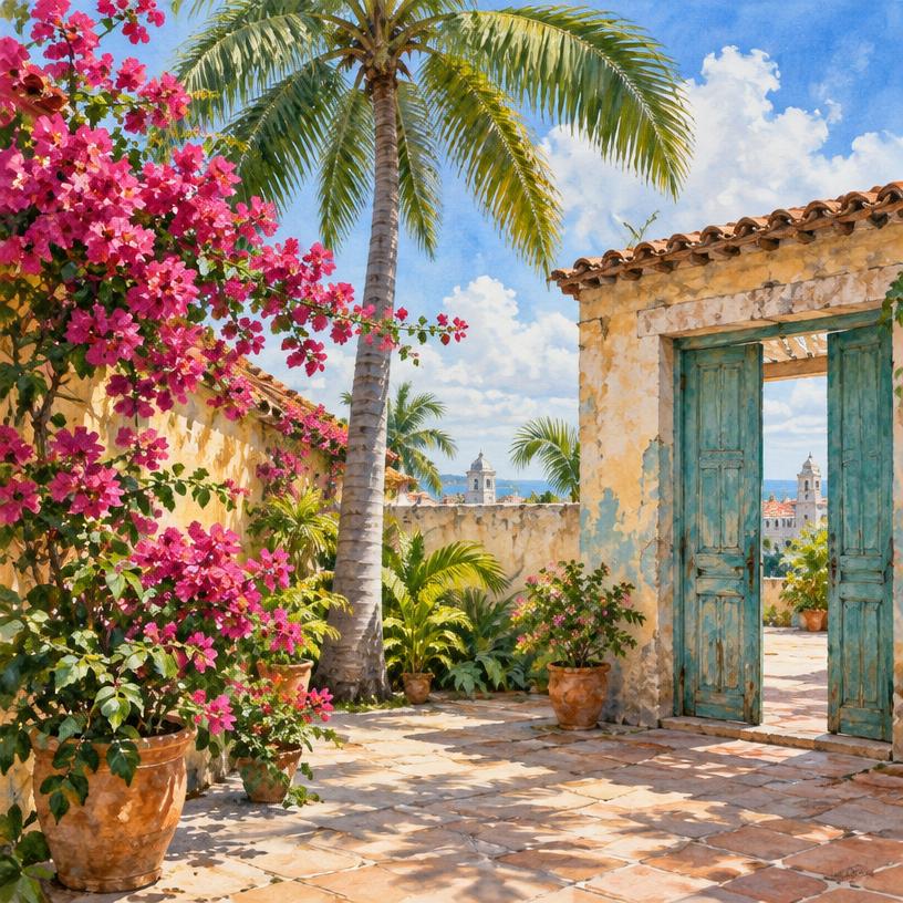 Cuban courtyard with royal palm and bougainvillea, no altar