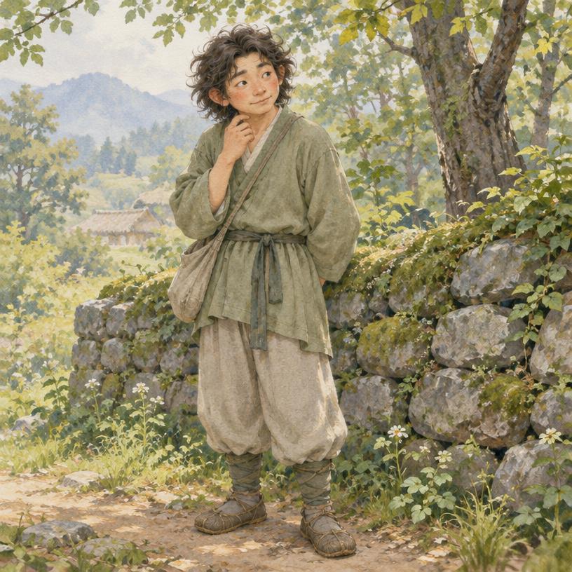 Interpretive humanlike dokkaebi figure beside a woodland stone wall