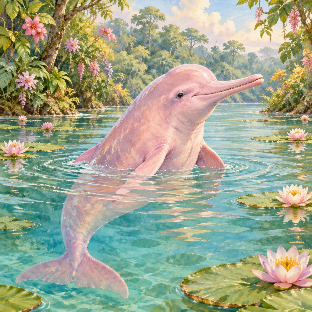 Pink Amazon river dolphin with a long snout surfacing among rainforest flowers