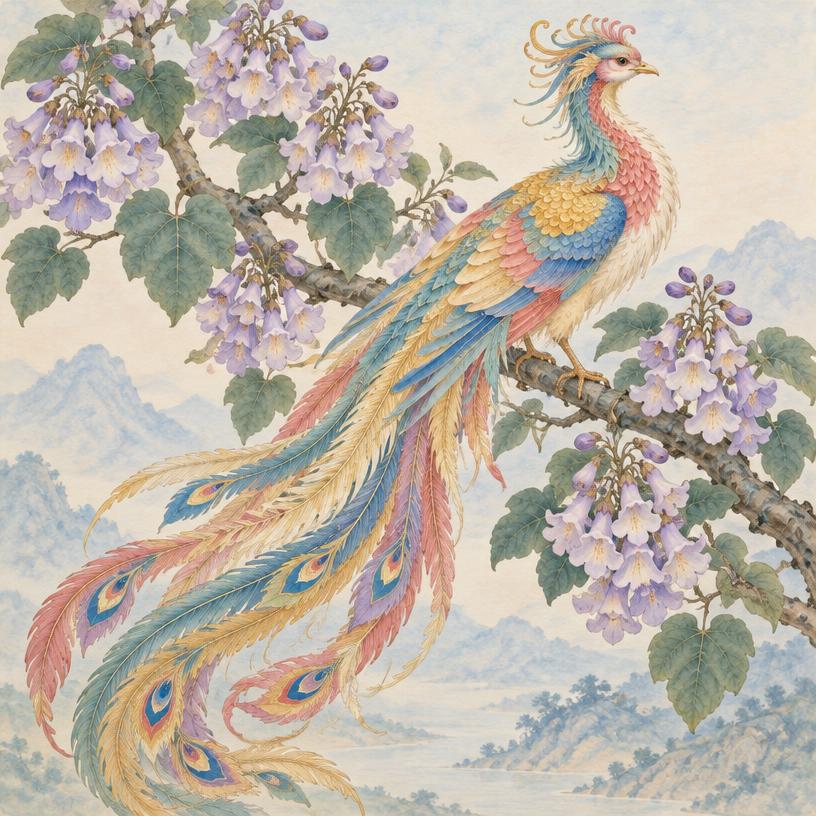 Multicolored long-tailed fenghuang perched among flowering branches