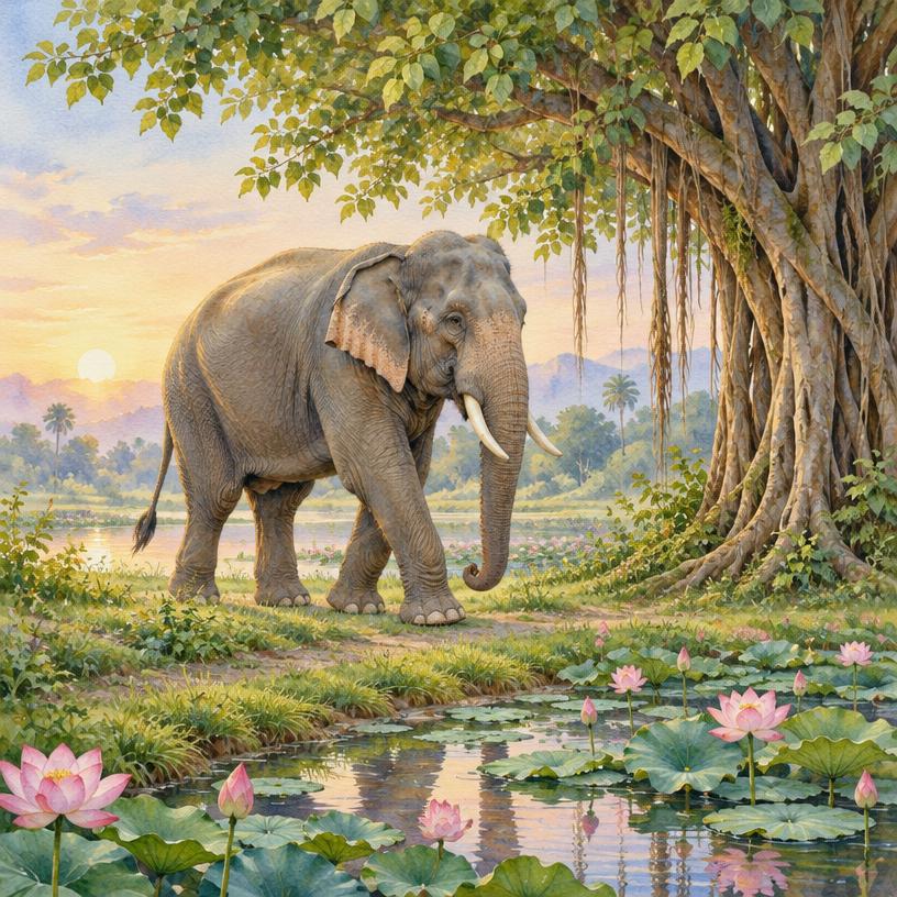 Natural elephant beside lotus pond and banyan tree, not a Ganesha portrait