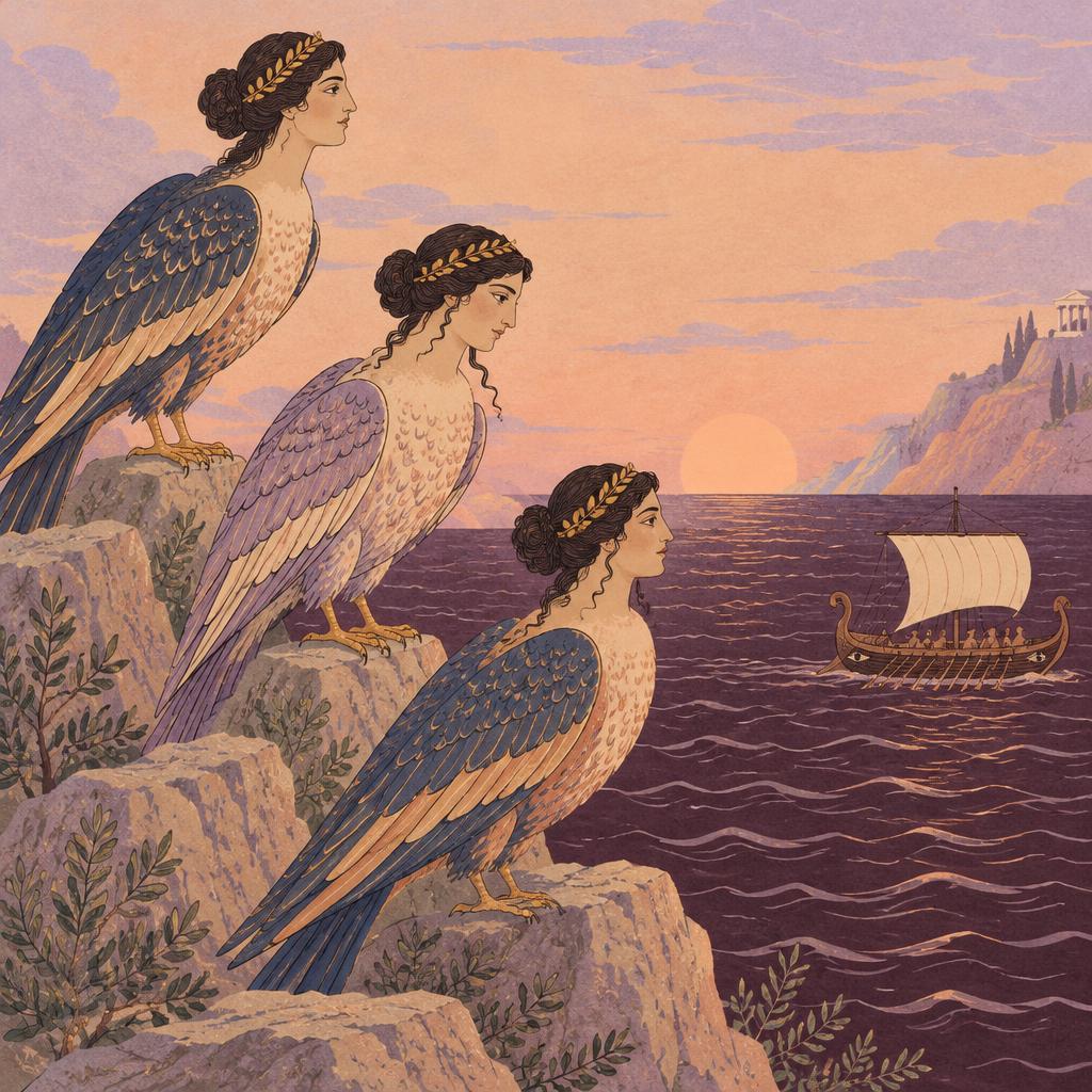 Three bird-bodied sirens with human heads on sea cliffs as a ship sails past