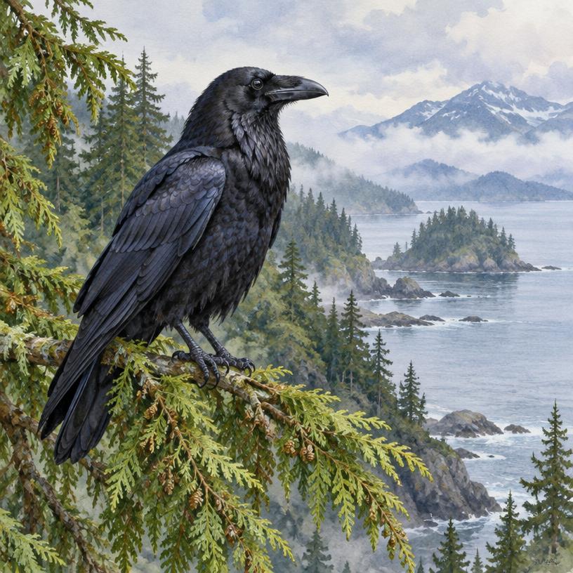 Natural black raven in a coastal forest, no Haida crest or ceremonial design
