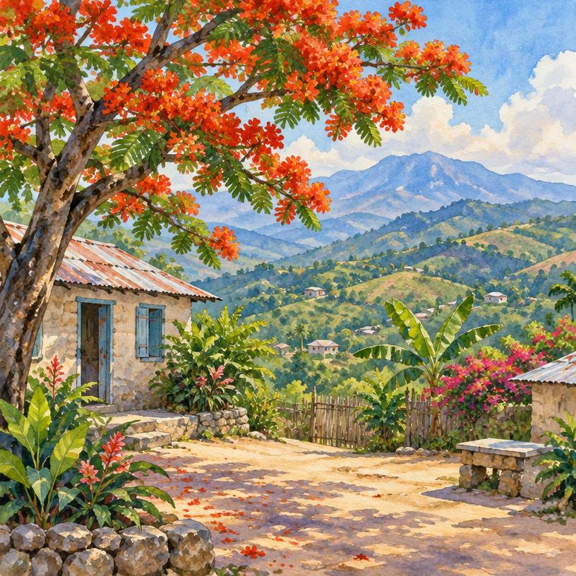 Haitian mountain landscape and rural courtyard, no religious objects