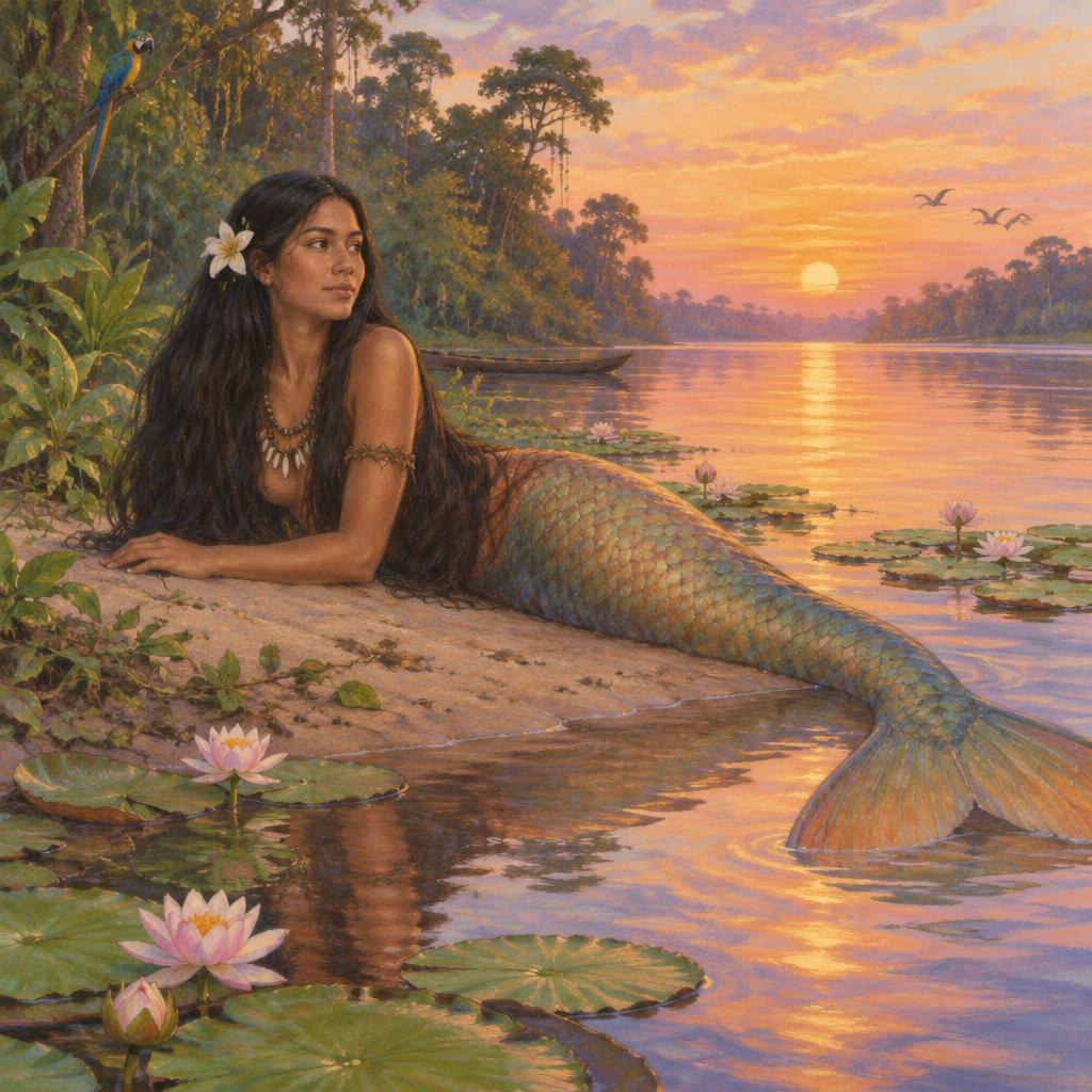River woman with long dark hair and a fish tail on an Amazon sandbank among water lilies