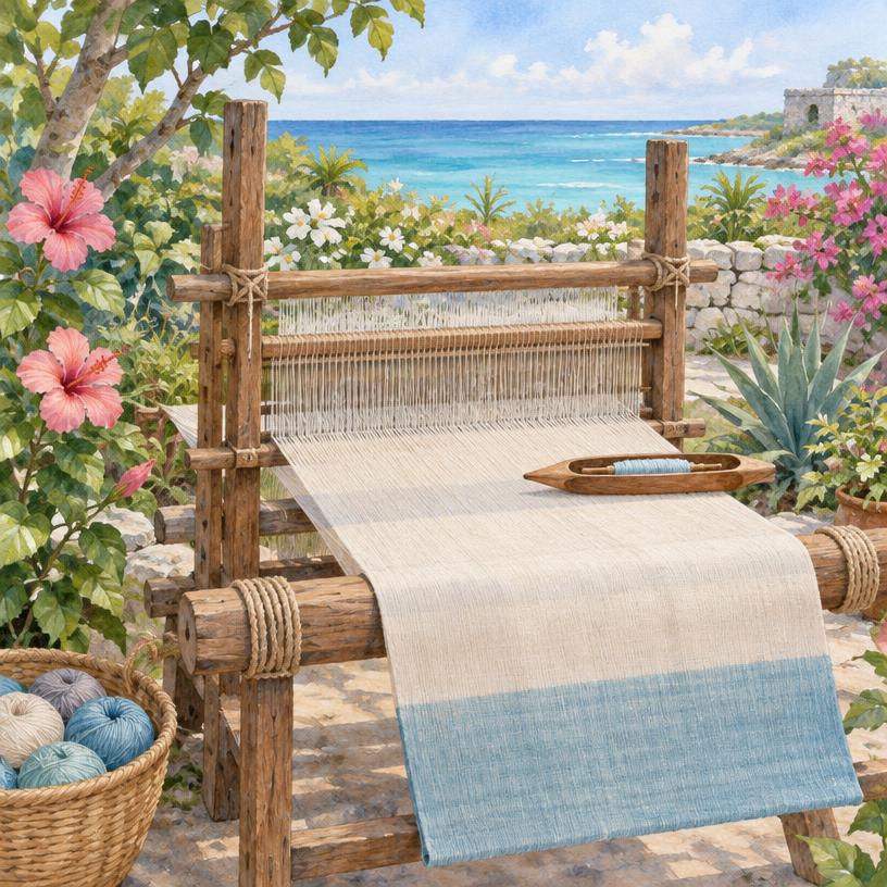 Contextual loom and cloth beside the Yucatan coast, not a portrait of Ix Chel