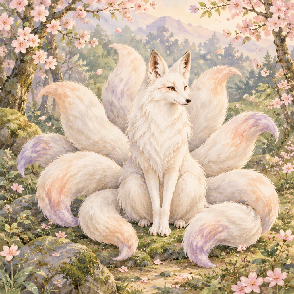 Artistic white many-tailed kitsune fox beneath flowering Japanese cherry branches
