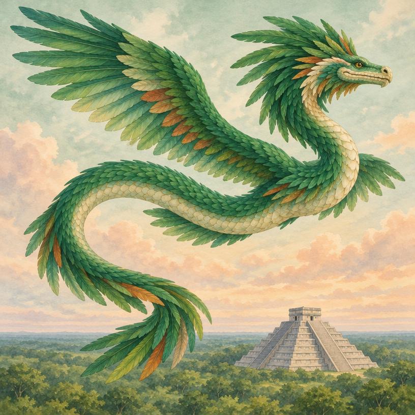 Contemporary feathered serpent above a Yucatan pyramid