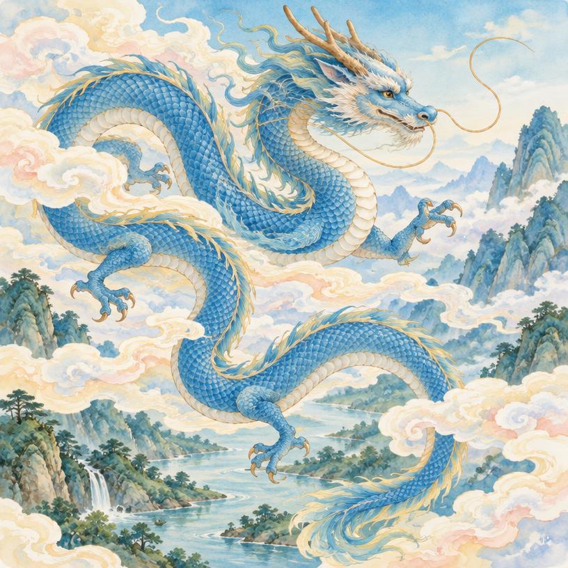 Long sinuous wingless blue Chinese dragon among clouds