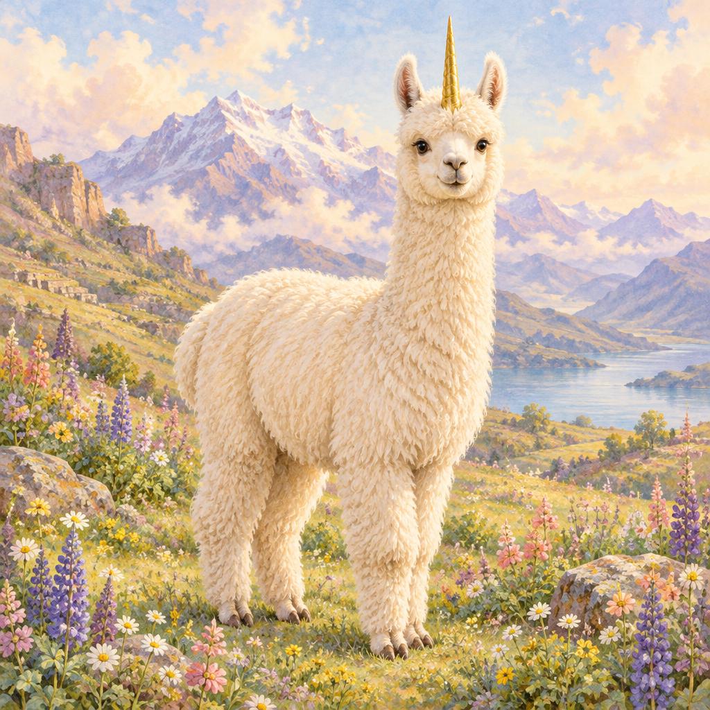 Fluffy cream alpaca with exactly one golden forehead horn in an Andean meadow