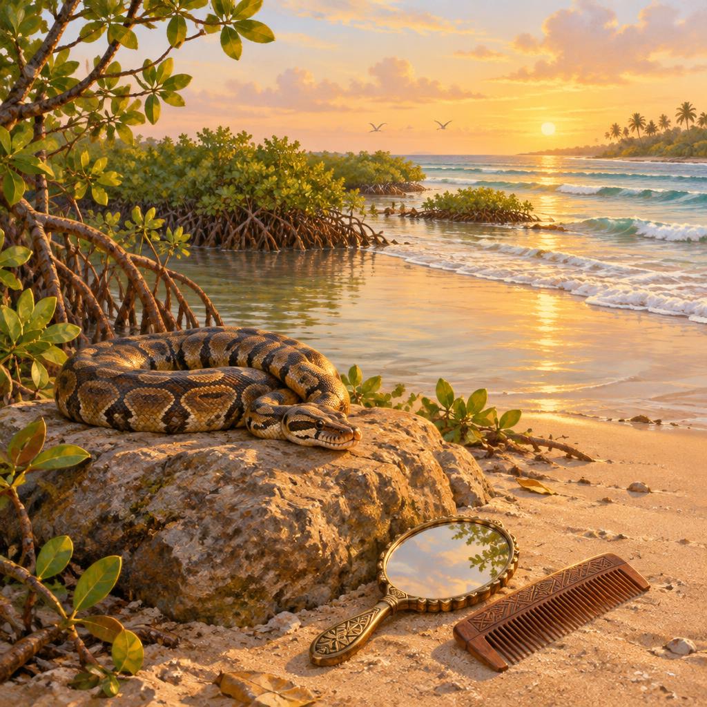 Coastal mangrove delta at sunset with a coiled python on a rock and a mirror and comb on the sand, no human figure