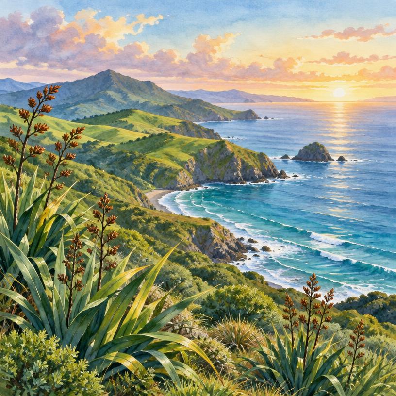 Aotearoa coastal headland and native flax, not an ancestral portrait