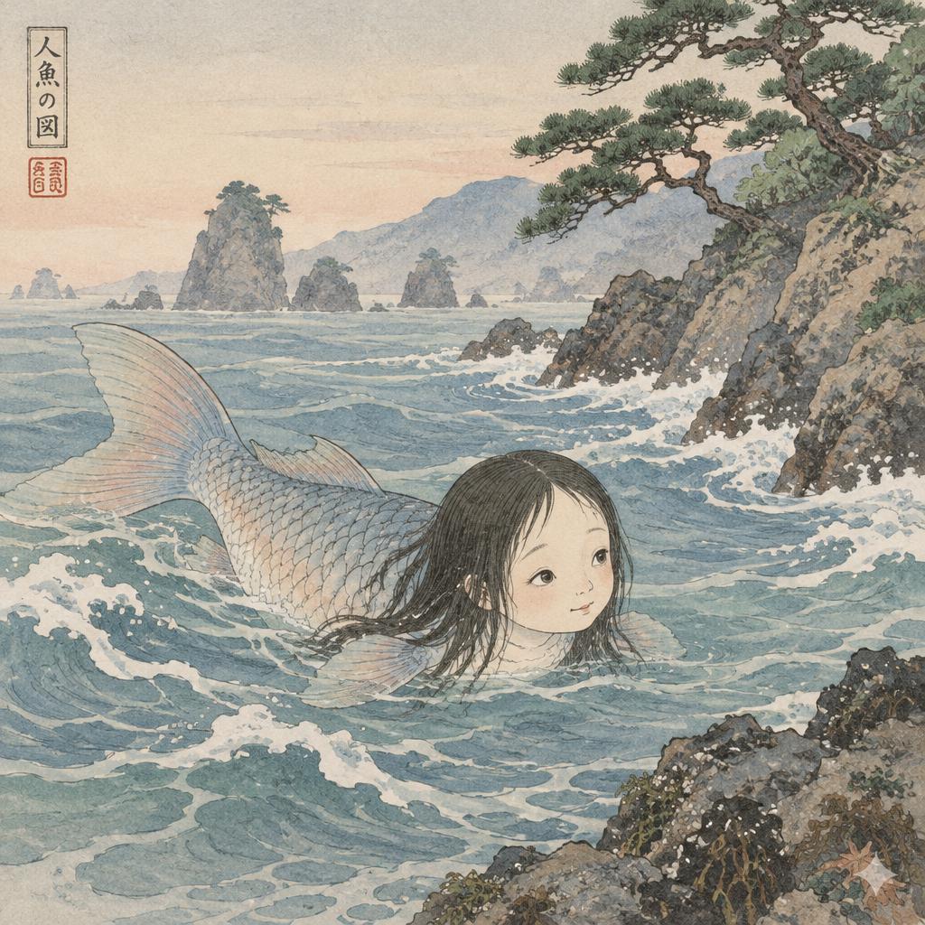 Fish-bodied ningyo with a small human face swimming near a rocky pine-covered Japanese coast