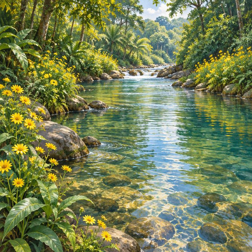 Freshwater river and yellow flowers, contextual landscape for Ọ̀ṣun