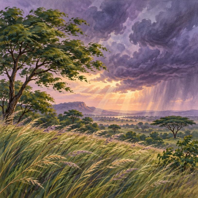 Wind moving grass and leaves beneath storm clouds