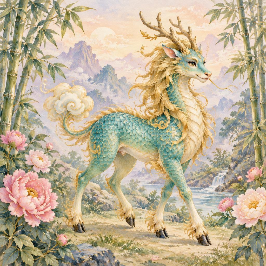 Jade-scaled qilin with branching horns and gold mane among bamboo and peonies