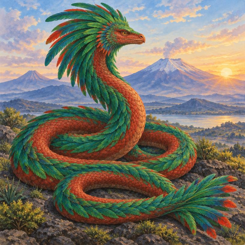 Interpretive coiled feathered serpent in central Mexican volcanic landscape