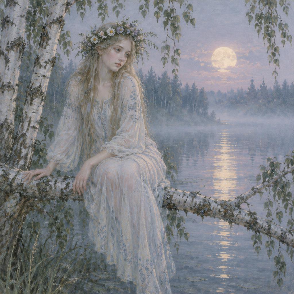 Pale water maiden with a flower wreath sitting on a birch branch above a misty moonlit lake
