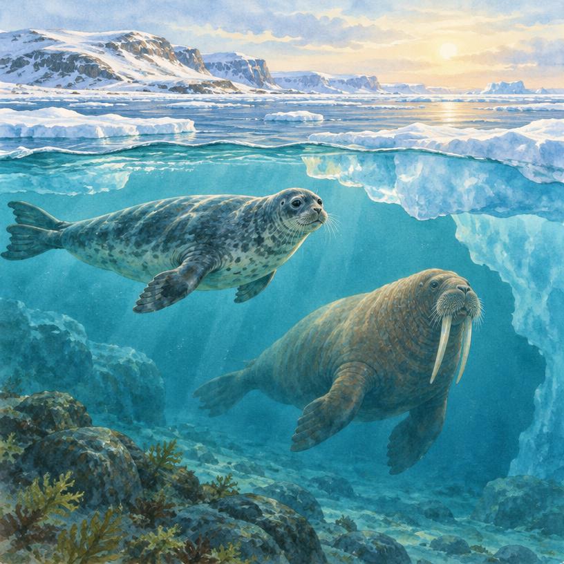 Seal and walrus beneath Arctic ice, contextual marine scene not a Sedna portrait