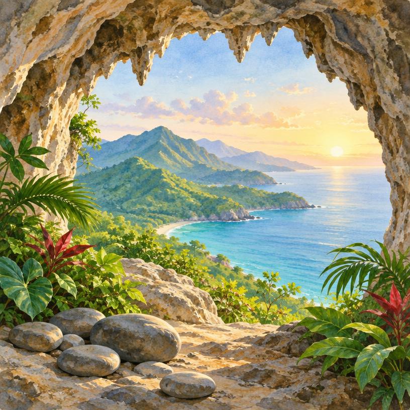 Caribbean cave framing coast and mountains, no zemí object replica