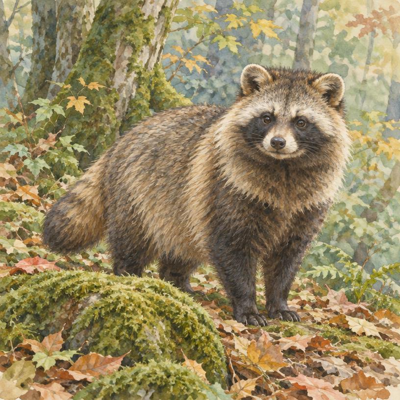 Natural Japanese raccoon dog in a leafy woodland
