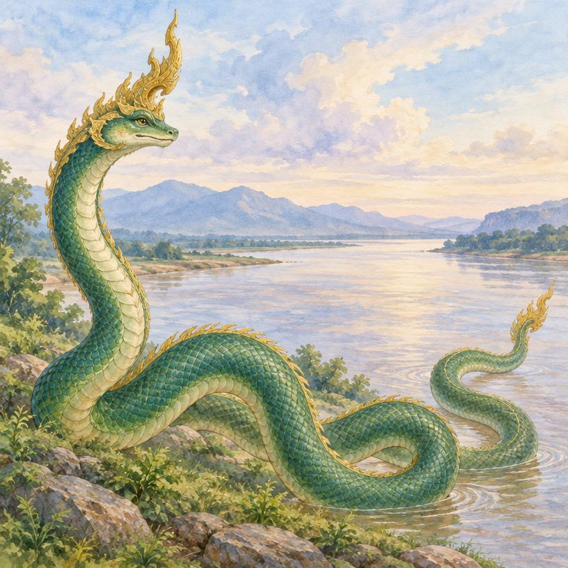 Interpretive green naga serpent beside a broad river