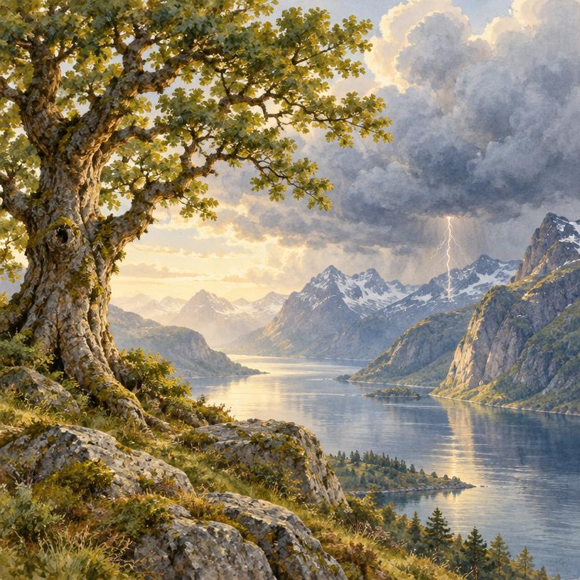 Thunderstorm over a Scandinavian fjord