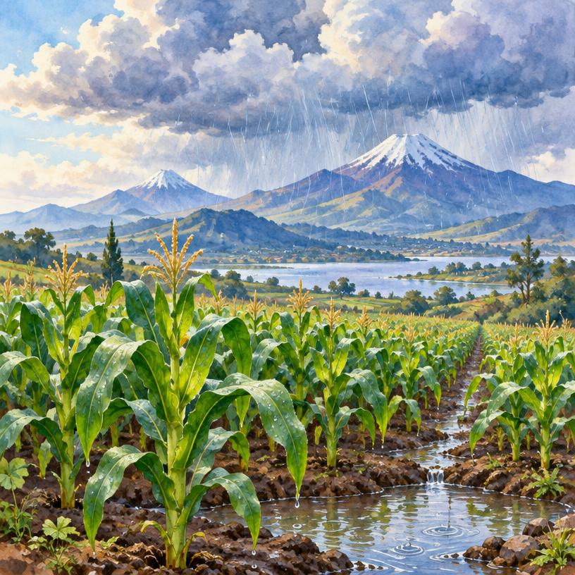 Rain over maize fields and central Mexican volcanoes, not a deity portrait
