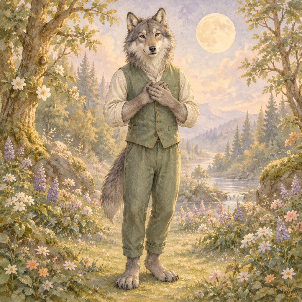 Gentle upright gray werewolf in a sage vest with hands calmly over his heart