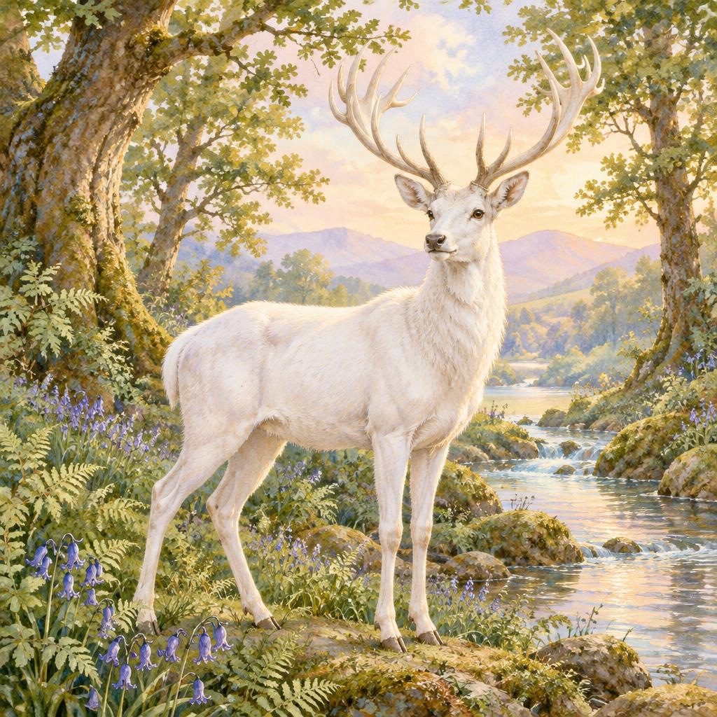 White stag with branching antlers beside a fern-lined woodland stream