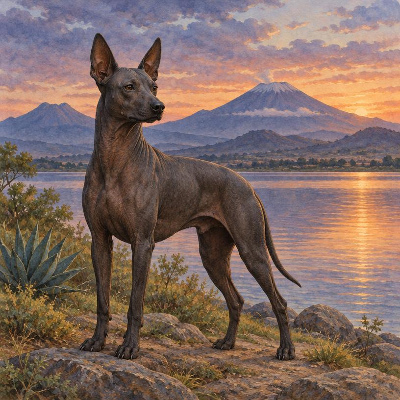 Natural Mexican hairless dog by a volcanic lake, contextual not divine likeness